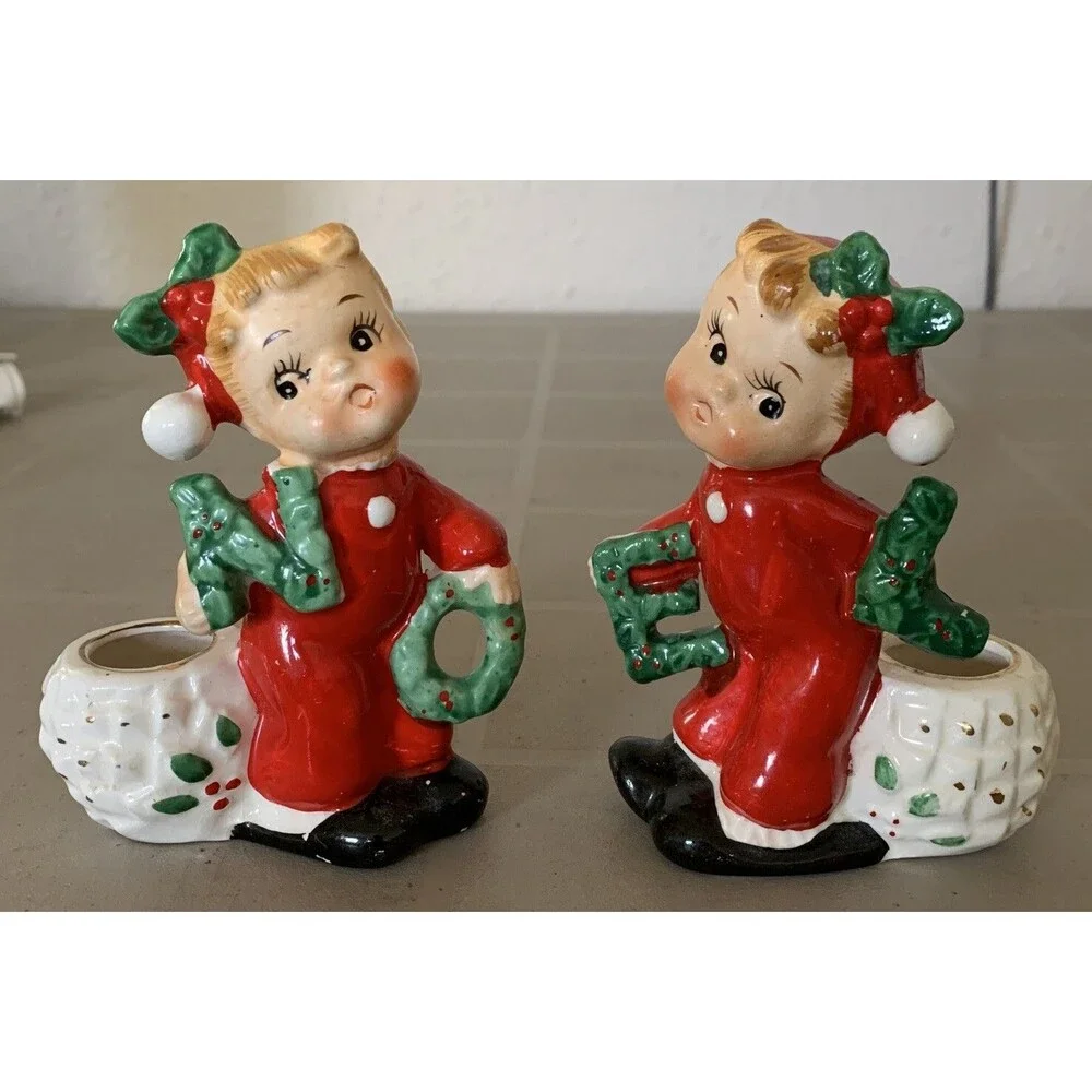 Commodore Japan 1950s NOEL Pajama Kids Candle Stick Holders Christmas Figurines